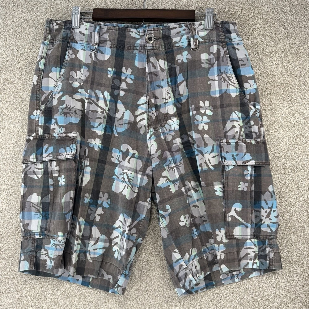 VTG Plugg Cargo Shorts Men's 32 Blue Floral Plaid Hawaiian Surf Skater Y2K Beach